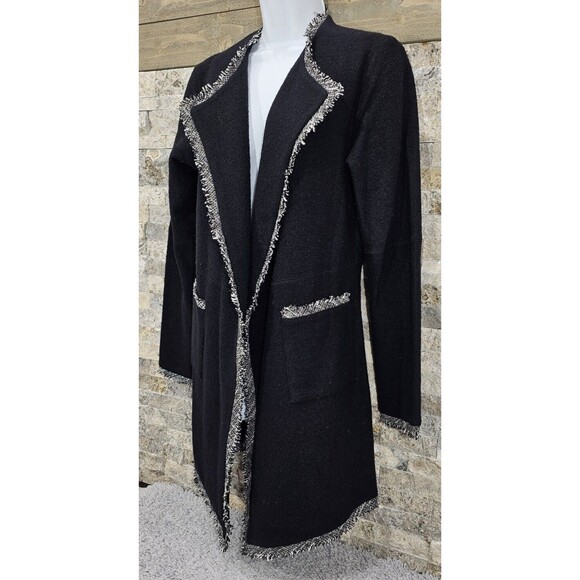 Karl Lagerfeld Womens Cardigan Wool Blend Pockets Tweed Fringe Black Old Money S - Picture 7 of 12